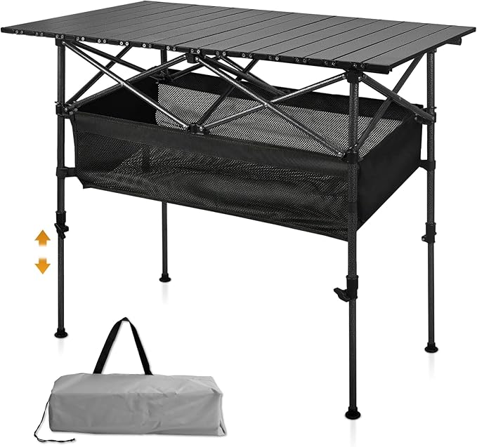 Folding Camping Table Outdoor Roll-up Table Height Adjustable &amp Portable Metal Camp Grill Table for Picnic BBQ Party Backyard Beach Mesh Storage and Carry Bag (Ash Black 47.24'' X-Large)