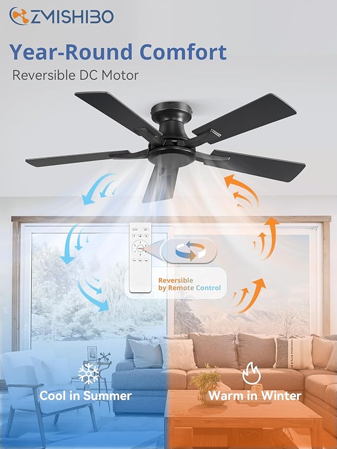 ZMISHIBO 42 Inch Ceiling Fan No Light Flush Mount Low Profile Modern Black Ceiling Fan Without Light Remote Control &amp Quiet DC Motor for Indoor&ampOutdoor Bedroom Living Room
