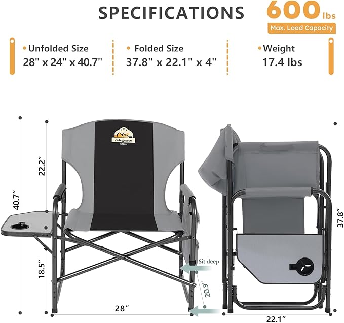 Oversized Directors Camping Chair Support 600 LBS Heavy Duty Folding Outdoor Chairs with Detachable Side Pocket and Adjustable Side Table for Outside BeachLawnFishing (Black)
