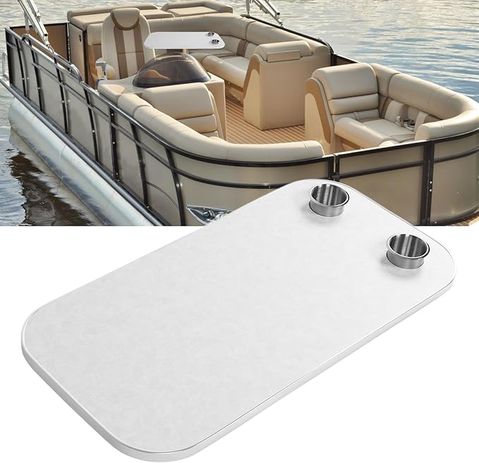Removable Wood RV Table Top Boat Table with 2 Cup Holders Foldable Portable Desktop for Camper Van Marine Yacht (White/Yellow)