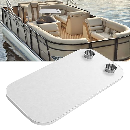 Removable Rectangular Marine RV Table Boat Table Top RV Table Top Replacement with 2 Cup Holders Aluminum Alloy Solid Wood Boat Desktop Panel for Yacht Boats (White)