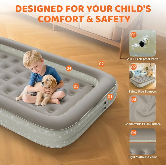 Inflatable Toddler Travel Bed: Portable Blow Up Travel Toddler Bed with Safety Sides - Toddler Air Mattress with Electric Pump ＆ Carry BagIdeal for Sleeping and Outdoor Camping (Beige 60)