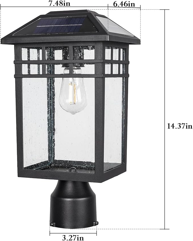 Solar Outdoor Post Light Fixture Modern Exterior Pillar Lantern with Black Finish &amp Seeded Glass Dusk to Dawn Outside Pole Light for Garden Backyard Courtyard Patio Pathway