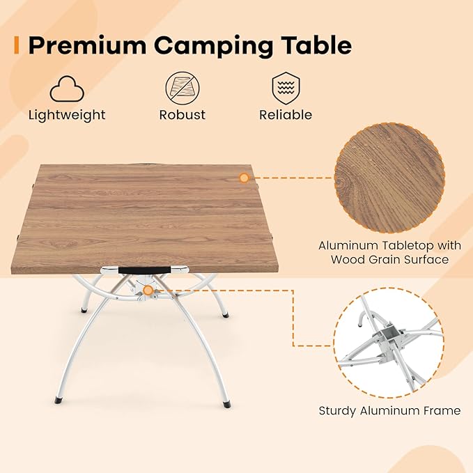 Goplus Aluminum Camping Table 2 PCS Folding Picnic Tables w/Extendable Design Wood-Grain Tabletop Carrying Bag Non-Slip Foot Pads Portable Beach Table for Camp Hiking BBQ Party