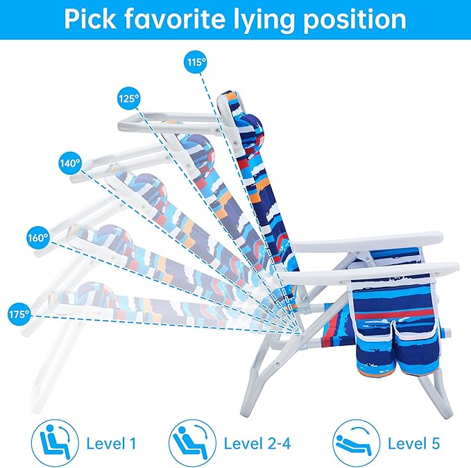 Beach Chair Beach Chairs for Adults 2 Pack Outdoor Folding Beach Chairs for Adults Supports up to 350lbs with 5 Positions Towel bar Cooler Pouch Storage Pouch.