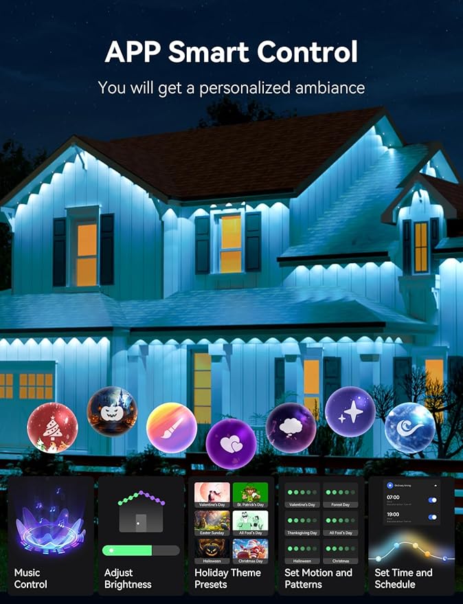 100FT Permanent Outdoor Lights for House Smart RGB LED Eaves Lighting with APP &amp Remote Control IP67 Waterproof Christmas Lights for Holidays Parties &amp Year-Round Décor