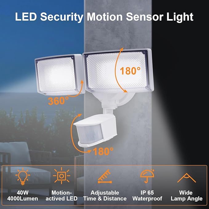40W 4000 Lumen LED Security Lights with Motion Sensor Outdoor 3000K/5000K Light IP65 Waterproof Dusk to Dawn Dual-Head Motion Detected Flood Wall Light for Garage Yard Porch (White)