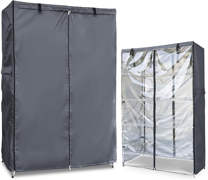 Waterproof Shelf Cover600D Heavy Duty Dustproof Storage Wire Rack CoversOutdoor Shelving Covers for Wire Shelves with Zipper 30''x14''x62''Clear Front.