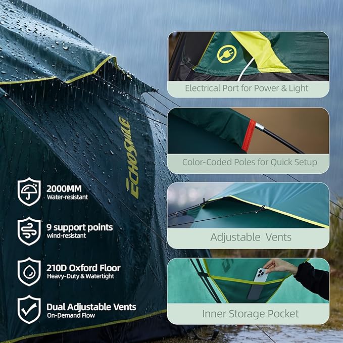 EchoSmile Tents for Camping Waterproof Windproof Tent with Multi-Pole 3-5 Person Spacious Dome Tent with Expandable Space for Shoes Packs &amp Wet Items Easy Setup Tent for Camping &amp Hiking