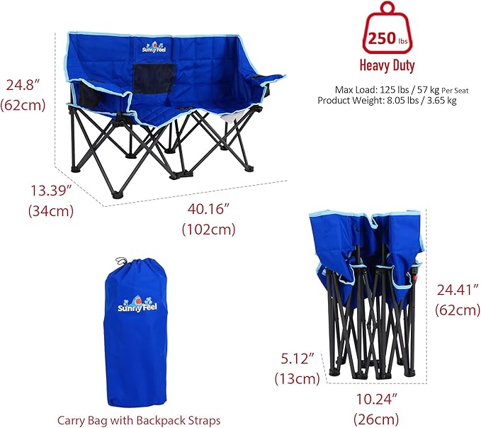 SUNNYFEEL Kids Folding Double Camping Chair Portable Kids Camping Chairs 2 Seat Chair Blue Padded Foldable Lawn Chairs with Cup Holder for Beach/Outdoor/Travel/Picnic Foldable Camp Chairs 2 Person