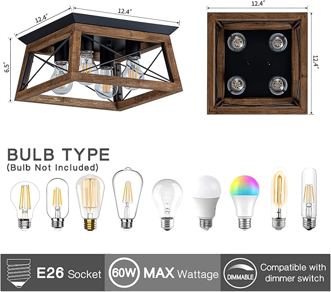 Farmhouse Light Fixture 4-Light Rustic Ceiling Light Trapeziform Wood Flush Mount Ceiling Light for Kitchen Hallway Entryway Bedroom