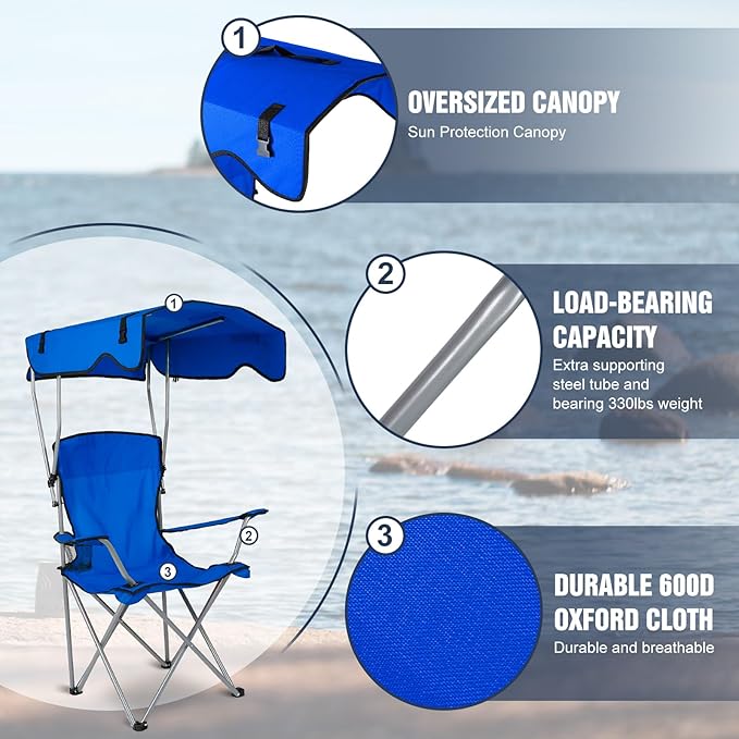 Camping Chair with Canopy Portable Outdoor Folding Beach Chairs with Cup Holder 330LBS Load Lawn Chair for Outside Fishing Beach Picnic (Blue)