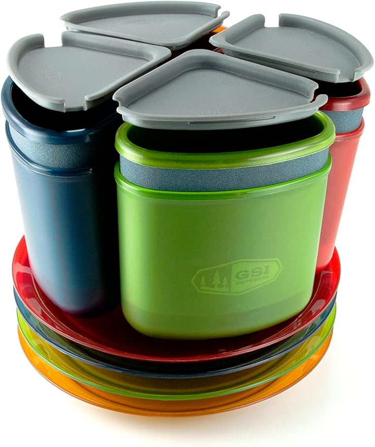 GSI Outdoors Infinity 4 Person Compact Nesting Tableset for Ultra-Light and Compact with Cup Bowls and Plates for Camping RV or BBQ