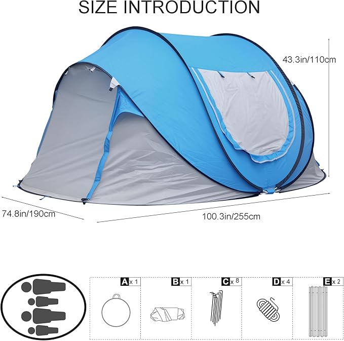 Instant Pop Up Camping Tent 4 Person Blue Easy Pop Up Tent Waterproof Automatic Setup Doors-Instant Family Camping Tents Suitable for Camping Halloween Christmas Autumn Snow etc.(CP-Blue)
