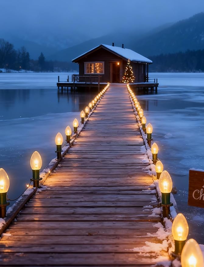 C9 Christmas Pathway Lights Outdoor 38Ft Outside Christmas Decorations with 25 7W Clear Bulbs and Stakes Waterproof Walkway String Lights for Outside Driveway Sidewalk Yard Path Holiday Xmas Decor