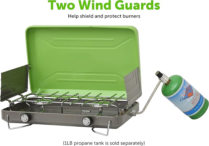 Flame King VT-101 2-Burner Portable Camping Stove Grill Great for Outdoor Cooking Backpacking Compatible with 1LB Propane Gas Bottle