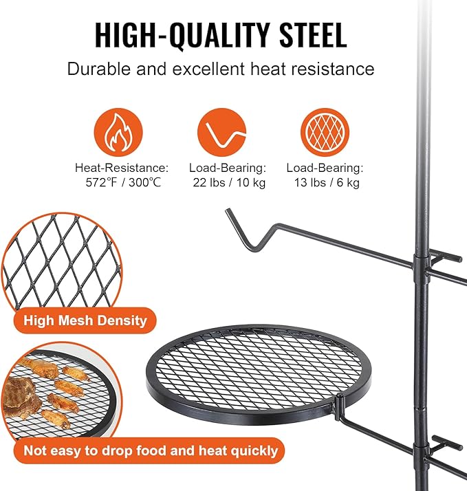 VEVOR Swivel Campfire Grill Fire Pit Grill Grate over Fire Pits Heavy Duty Steel Grill Grates 360° Adjustable Open Fire Outdoor Cooking Equipment Portable Camp Fire Racks for Camping Outdoor BBQ