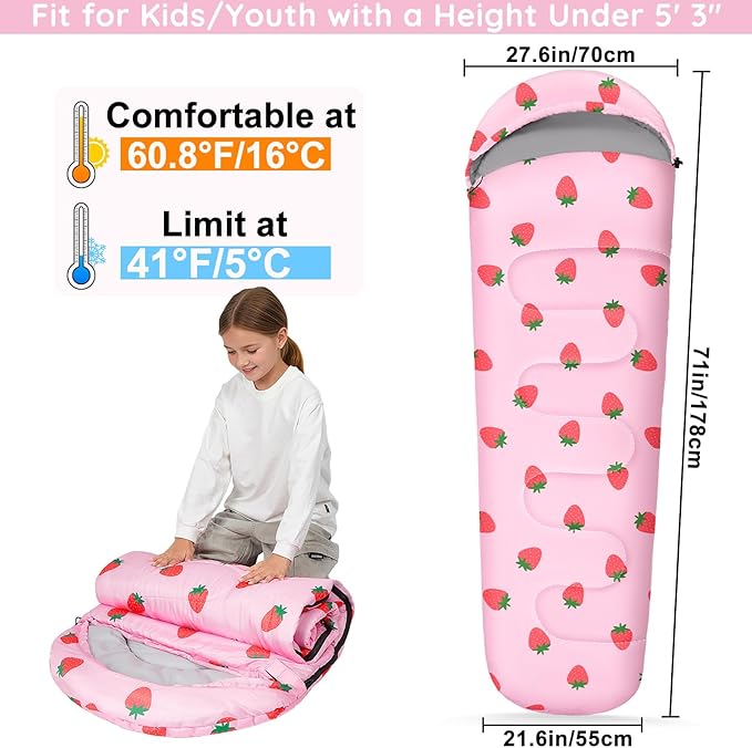 FIOBEE Kids Sleeping Bag for Girls Boys 3 Season Warm &amp Cool Weather Youth Camping Sleeping Bags with Backpacking Bag Waterproof for Traveling Hiking Indoor Outdoor Camping Essentials