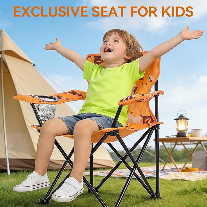 Padded Kids Camping Chair Folding Toddler Chair with Cup Holder &amp Safety Lock Portable Kids Beach Chair Ages 3-6 for Outdoor Camping Foldable Kids Chair Support 120lbsOrange Dog