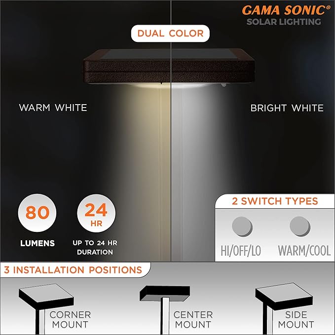 Gama Sonic Contemporary Black Square Solar Garden Light Heavy Duty Cast Aluminum 80 Lumen with Bright White and Warm White LED Options 26.75 in Tall for Sidewalk Pathway 2-Pack 117iP290080