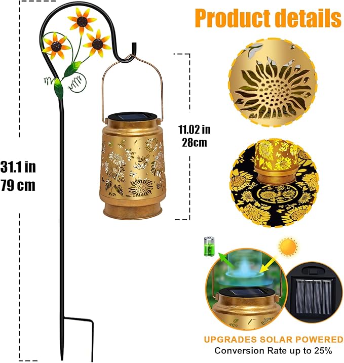 2 Pack Sunflower Hanging Solar Lanterns Outdoor Lights Sunflower Gifts for Women Men Metal Waterproof Decor Garden Lanterns for Yard Patio Lawn PathwayPorch