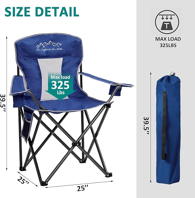 Mesh Folding Camping Chairs Oversized Portable Outdoor Chairs Weight Capacity 325 lbs with Cup Holder Storage Pocket Carry Bag Blue
