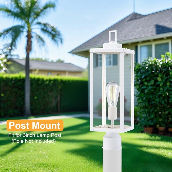 GRUENLICH Outdoor Lamp Post Light Fixtures Exterior Pole Lantern with Tempered Glass 20 Inch Fence Post Lighting for Garden Yard Pathway White 2 Pack