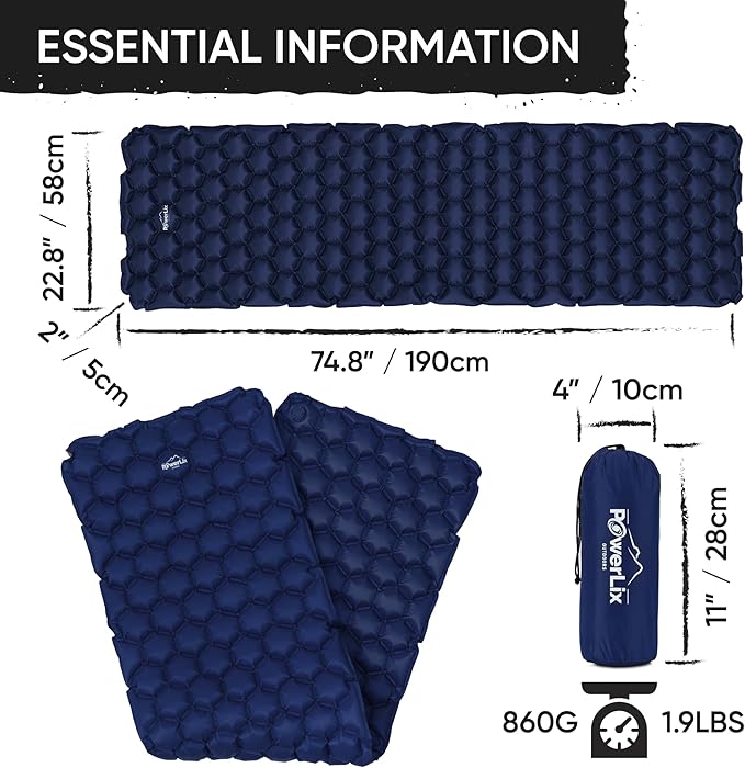 POWERLIX Ultralight Camping Sleeping Pad with Inflation Bag– Compact Lightweight Camping Pad Outdoor Backpacking Hiking Traveling Airpad Camping Air Mattress Sleeping Mat