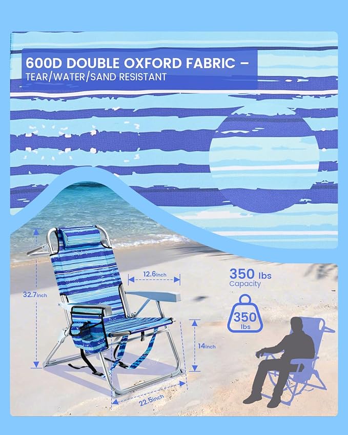 GVDV Backpack Beach Chairs for Adults 2 Pack Portable Lay Flat Folding Chair with Cup Holder and Towel Bars 4-Position Adjustable Reclining Chair for Beach Camp Outdoor Blue and White Stripes