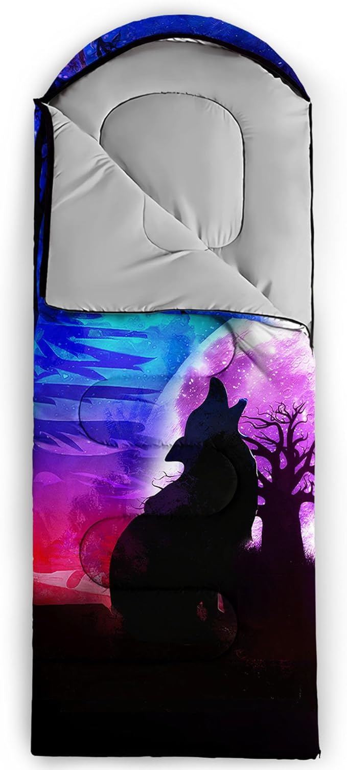 Galaxy Wolf Camping Sleeping Bags Warm &amp Cool Weather Waterproof Backpacking Blue Purple Starry Sky Sleeping Bag All Seasons Camping for Adult Kids Boy Girls Camping Gear Equipment Traveling