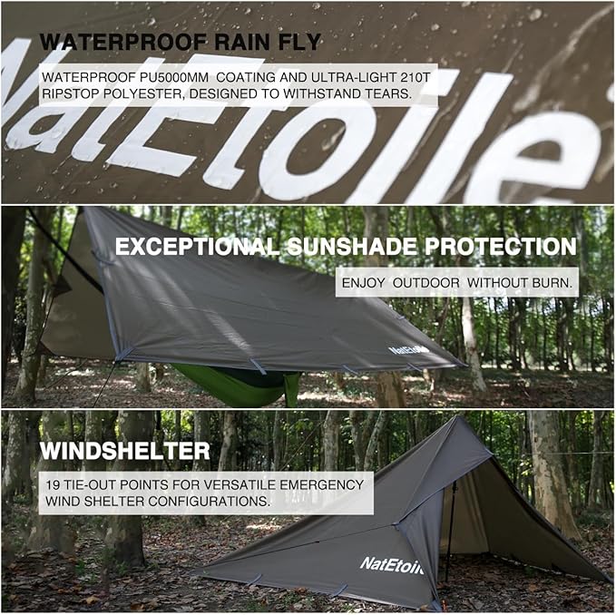 Camping Tarp by NatEtoile - Versatile 10X10 ft Portable Rain Fly for Hammock with 19 Tie-OutsPU 5000mm Waterproof Sunproof Tarp Shelter - Ideal for Camping Hiking Backpacking and Hammock Cover