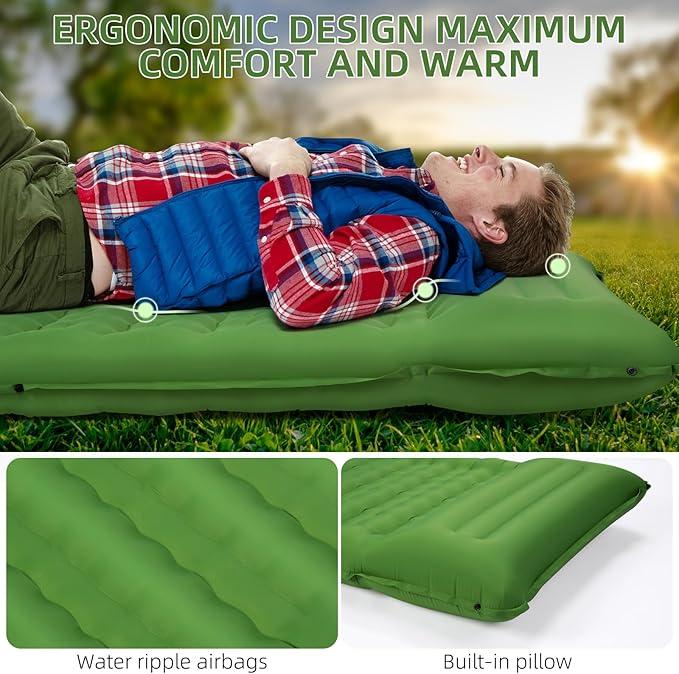Camping Sleeping Pad Extra Thick 5 Inch Camping Mat with Pillow Built-in Foot Pump Inflatable Sleeping Pads Compact for Camping Backpacking Hiking Traveling Tent（Green）