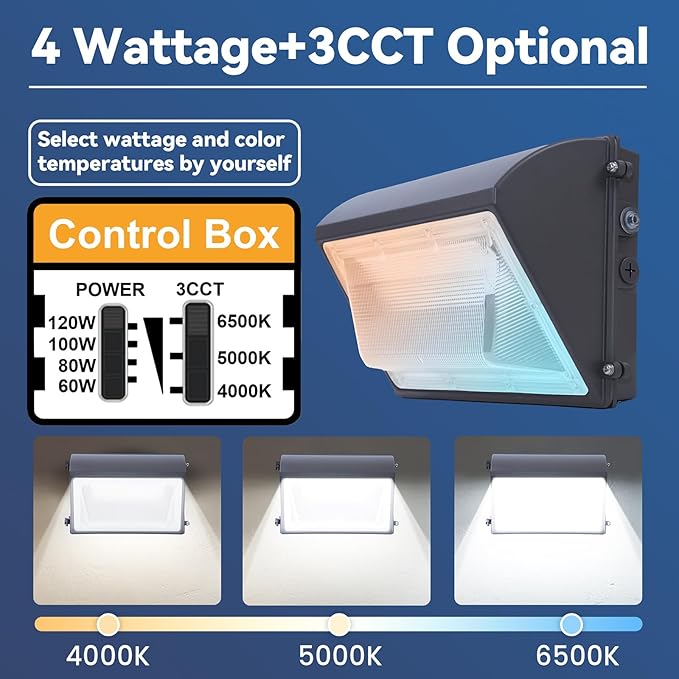 120W LED Wall Pack Light with Photocell 4000/5000/6500K 3CCT 60/80/100/120W Switchable Security Lighting Dusk to Dawn Outdoor LED wall lights for Parking Lot Warehouse Barn 100-277V ETL Listed