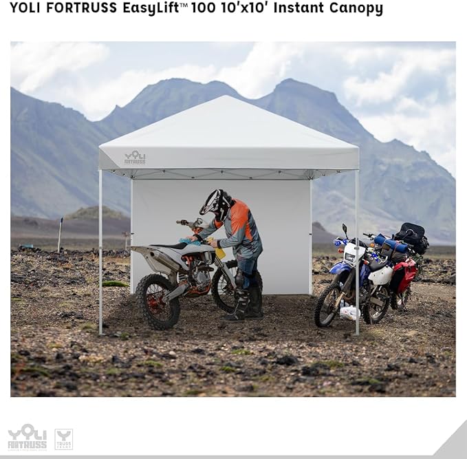 YOLI FORTRUSS EasyLift 10’x10’ Pop Up Instant Canopy with Reinforced Y-Truss Frame 99% UV Protection Water Resistant &amp Fire-Retardant Top 4 Height Settings with Sidewall and Wheeled Carry Bag