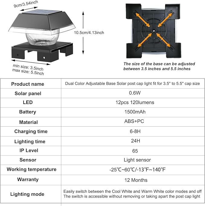 Solar Post Cap Lights Outdoor Deck Fence Post Lights wtih 120 Lumen Warm Light &amp Cool Light 3.5in-5.5in Adjustable Base Fit 4x4 5x5 Wood Post &amp 4x4 Vinyl/Metal Post for Patio Porch Backy