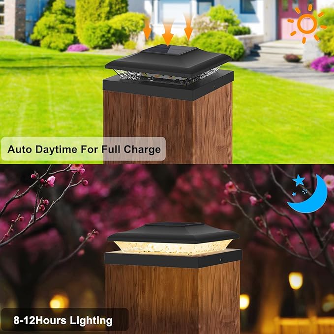 12 Pack Solar Post Cap Lights Outdoor 2 Modes (Warm/White Light) Black Fence Post Solar Powered Lights Waterproof for 5x5 5.5x5.5 6x6 Wooden/Vinyl Posts Decorate Garden Deck Patio Porch