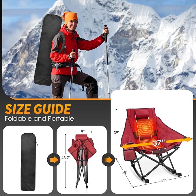 Suteck Heated Rocking Camping Chair - Oversized Heated Camping Chair W/20000mAh Power Bank &amp Carry Bag Fully Padded Heated Chairs for Outdoor Sports W/3 Heat Levels for Back &amp Seat Lawn Picn
