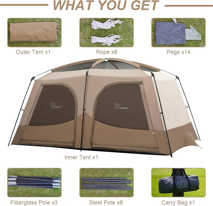 Vidalido Tents6-8 Person Camping Tent with Extended Vestibule2 Room Weather Resistant Family TentsEasy Install Waterproof Outdoor Tent for Backpacking and Camping Hiking