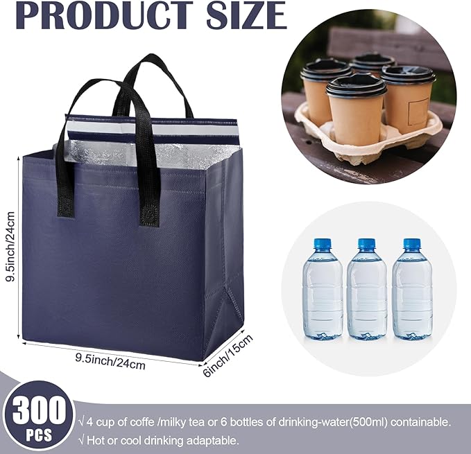 300 Pack Insulated Bags Bulk for Food Delivery 9.5 x 9.5 x 6 Thermal Take Away Bag for Hot Cold Food Coffee Milk Pizza Seafood Disposable Grocery Bag for Catering Restaurant(Navy Blue Black)