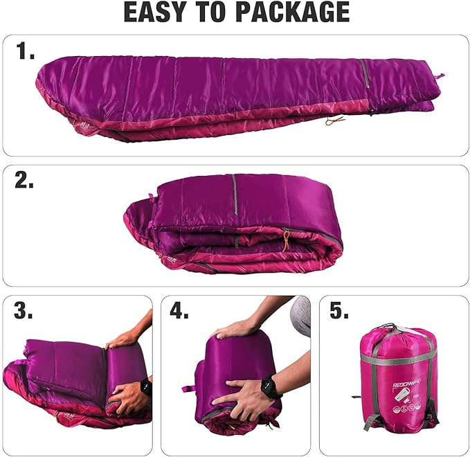 REDCAMP Kids Mummy Sleeping Bag for Camping 3 Season Cold Weather Sleeping Bag Fit BoysGirls &amp Teens Blue/Rose Red