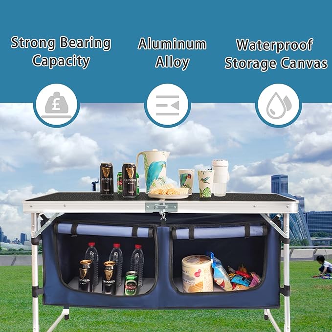 Folding Camping Table with Storage Compartment Aluminum Lightweight Camp Kitchen Table Height Adjustable Indoor/Outdoor Table Perfect for Tailgating Backyards BBQ Picnic (Black-Wide W/Stool)