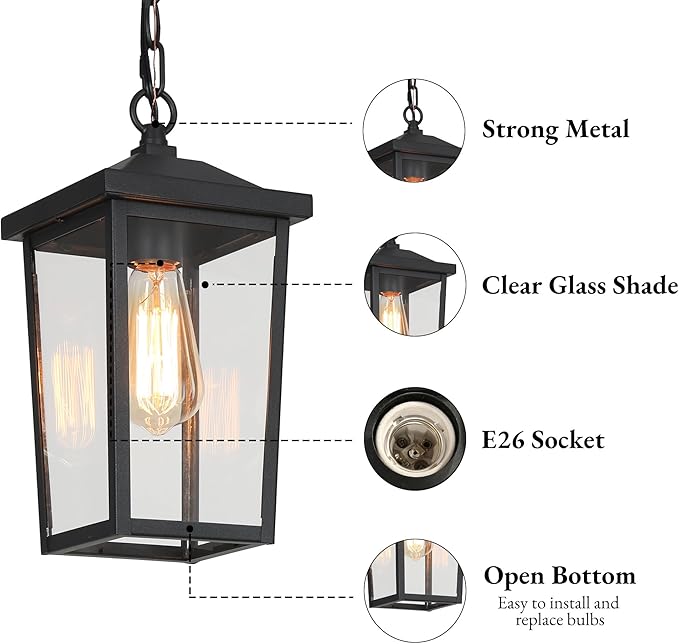 LOG BARN Outdoor Pendant Light Fixture Farmhouse Exterior Lights Anti-Rust Ceiling Outdoor Light with Clear Glass Lantern Hanging Light for Front Door Entry Porch and Gazebo