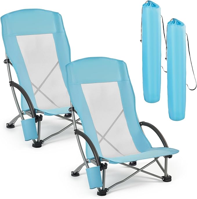 VEVOR Folding Beach Chair High Back Camping Chairs for Adults with Cup Pocket Mesh Back Carry Bag Portable Extra Wide Seat Chair 330 lbs Heavy Duty Support for Outdoor Camp Light Blue 2 Pack