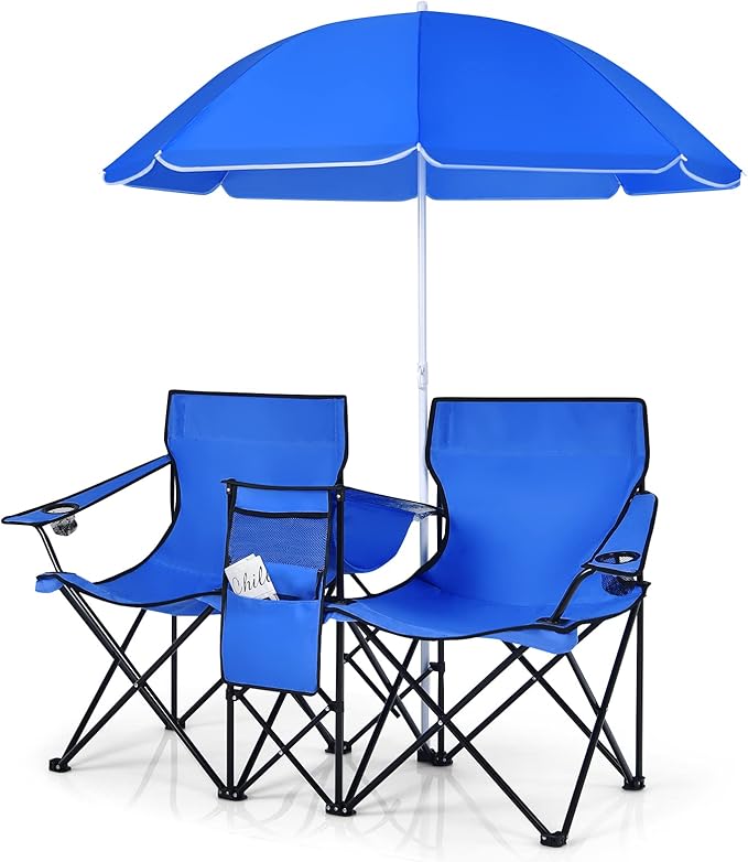 LDAILY LUARANE Folding Double Camping Chair Outdoor Picnic Chairs w/Removable Umbrella Mini Table Cup Holder &amp Carrying Bag Portable Camping Loveseat for Patio Pool Lawn Beach Park (Blue)