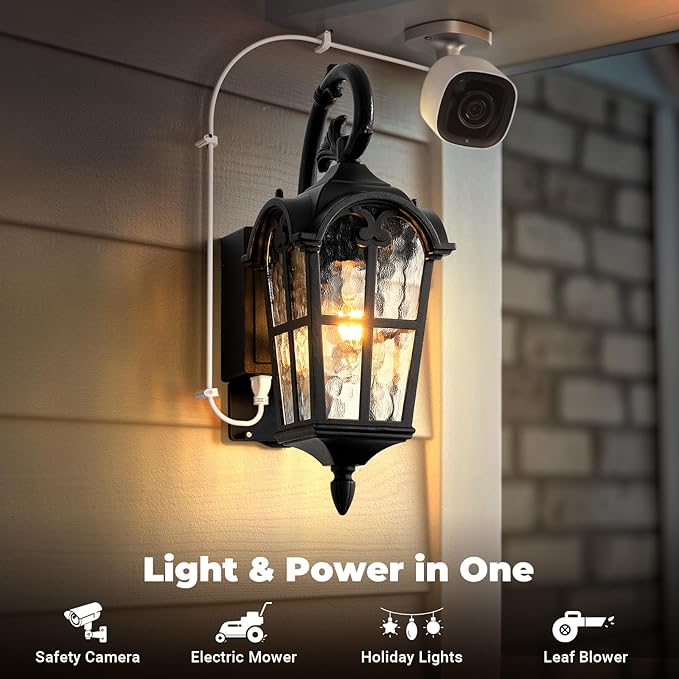 Outdoor Porch Light with Outlet Dusk to Dawn Porch Light Outdoor House Lights Wall Mount Aluminum Exterior Wall Sconce with Water Ripple Glass Waterproof Outside Sconce Lights for House