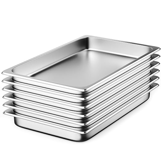 6 Pack Hotel Pans Full Size 2.5 Deep Stainless Steel Steam Table Pan 20.8 L x 12.8 W 22 Gauge Metal Commercial Catering Food Pans Anti Jam Food Storage Containers