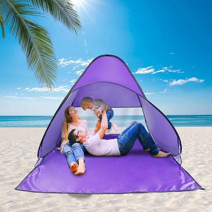 Pop Up Beach Tent Sun Shade Shelter Anti-UV Automatic Beach Tent Canopy for 2-3 People with Net Window Carry Bag for Park Camping (Purple)