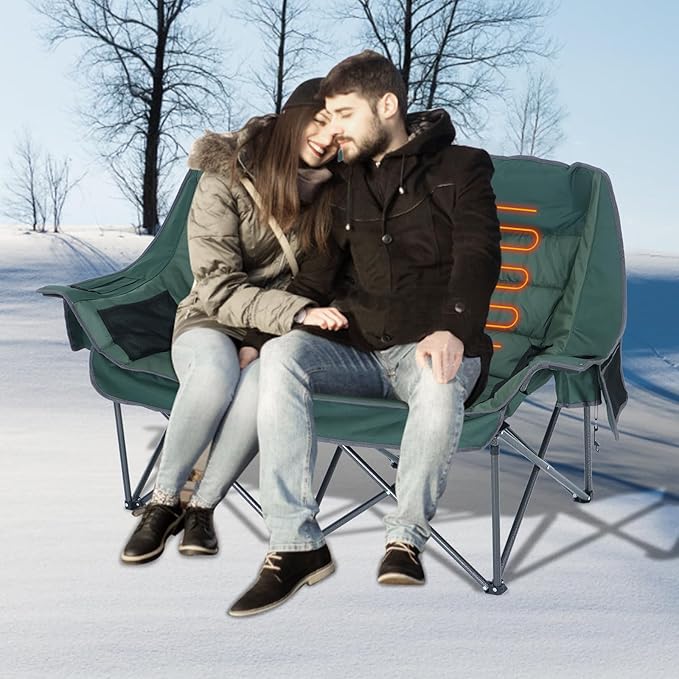 CDEN Heated Double Camping Chair Padded Oversized Folding Loveseat Portable Outdoor Sofa with Cup Holders Carry Bag Cooler Bag Bottle Opener for Camping Picnic BBQ Lawn Fishing (Green)