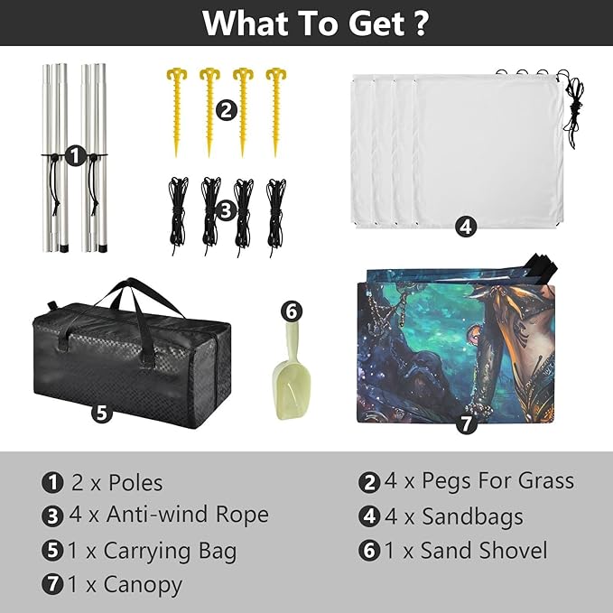 ALAZA Mermaid Pirate Beach Tent Sun Shelter UPF50+ Protection Beach Shade Canopy w/ 4 Sandbags for Outdoor Camping Fishing Backyard Fun Picnic 10x9 ft