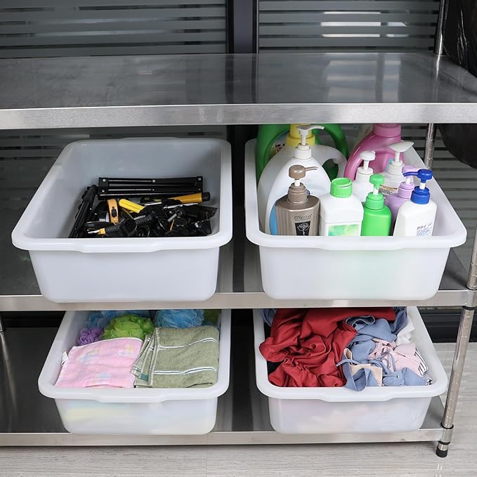 4 Packs 34 Liter Plastic Rectangle Utility Bus Box White Commercial Bus Tub Box